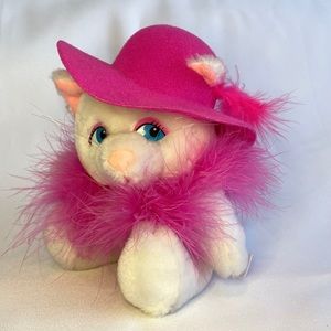 Vintage Margaux 7” plush white cat with hat & feather boa by Russ Berrie